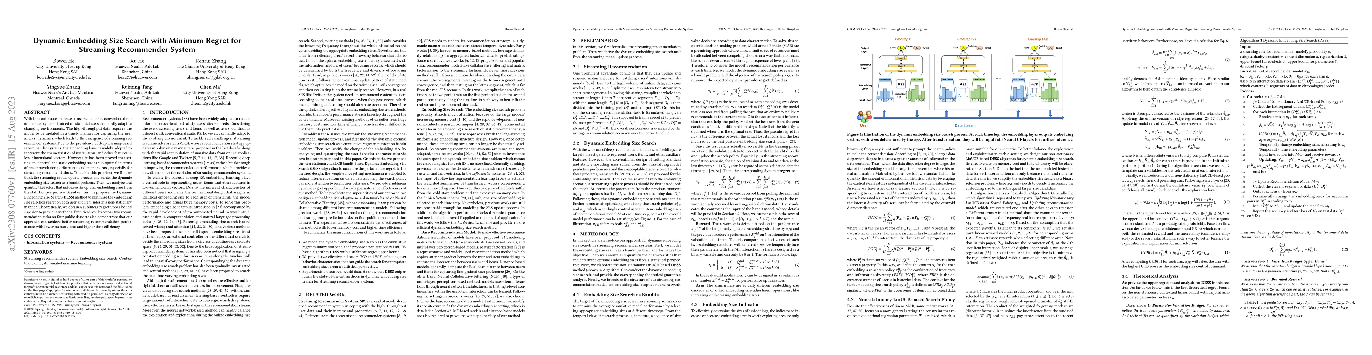 Thumbnail for Dynamic Embedding Size Search with Minimum Regret for Streaming
  Recommender System