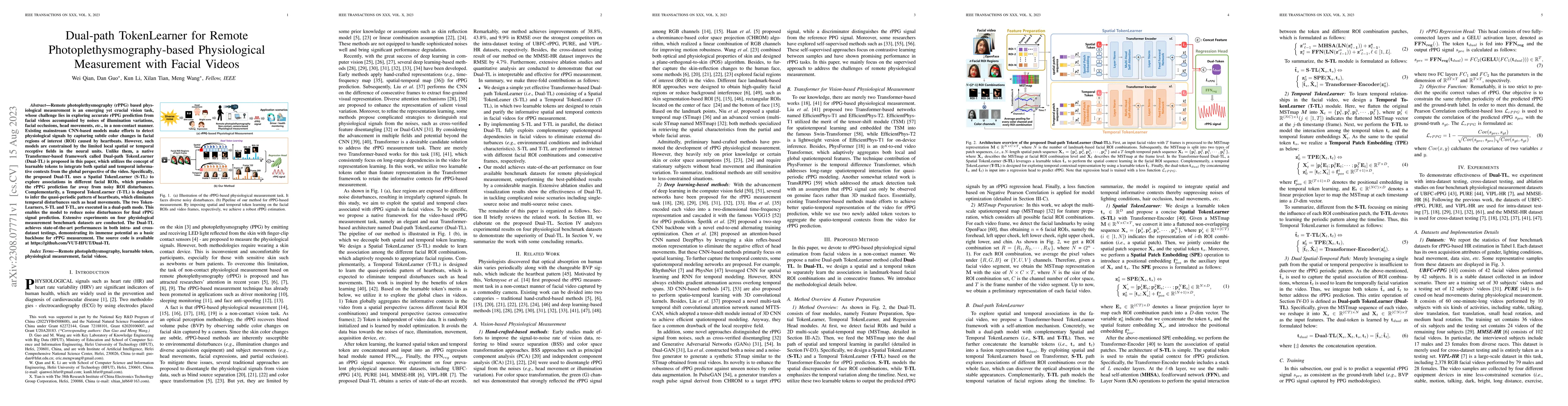 Thumbnail for Dual-path TokenLearner for Remote Photoplethysmography-based
  Physiological Measurement with Facial Videos