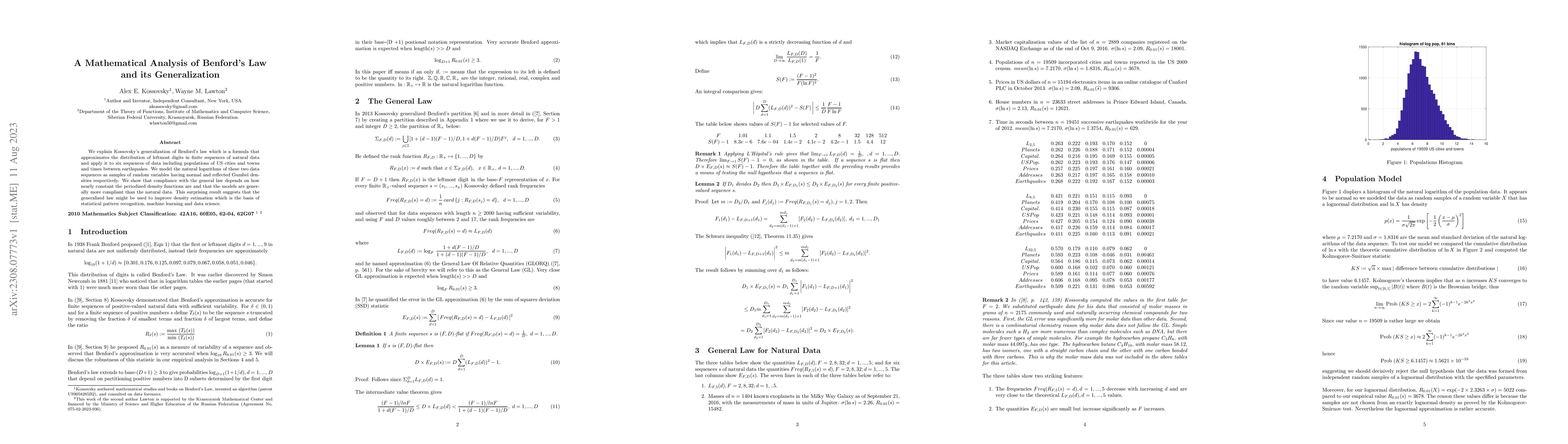 Thumbnail for A Mathematical Analysis of Benford's Law and its Generalization