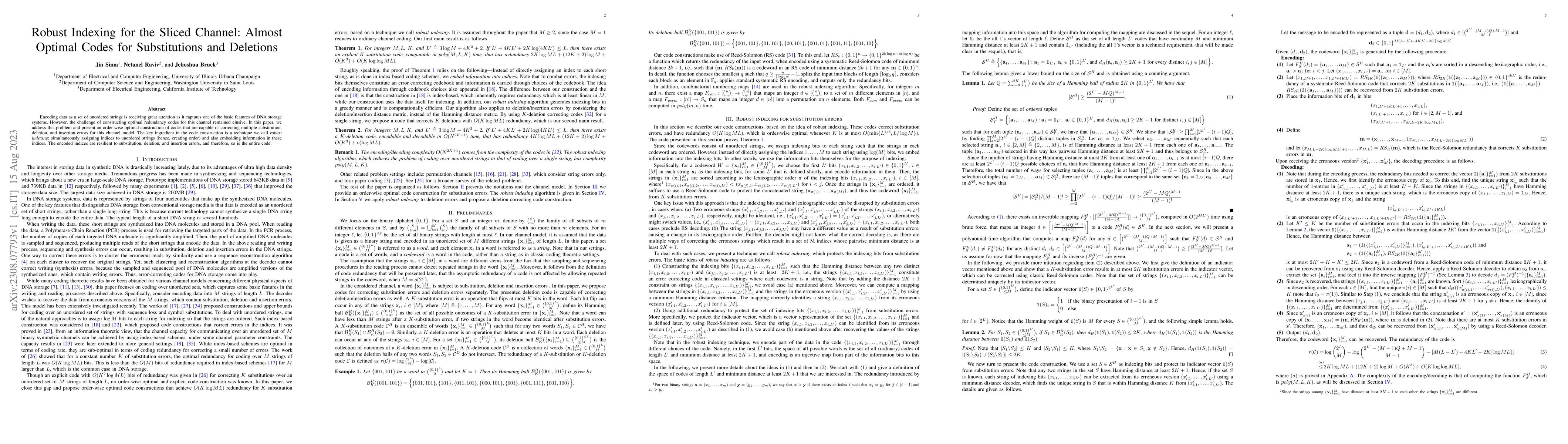 Thumbnail for Robust Indexing for the Sliced Channel: Almost Optimal Codes for
  Substitutions and Deletions