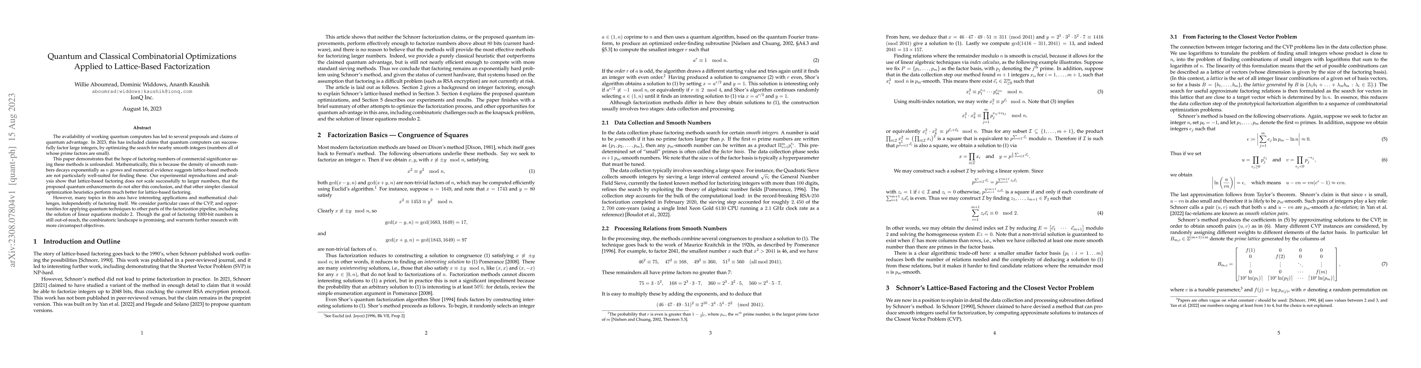 Thumbnail for Quantum and Classical Combinatorial Optimizations Applied to
  Lattice-Based Factorization