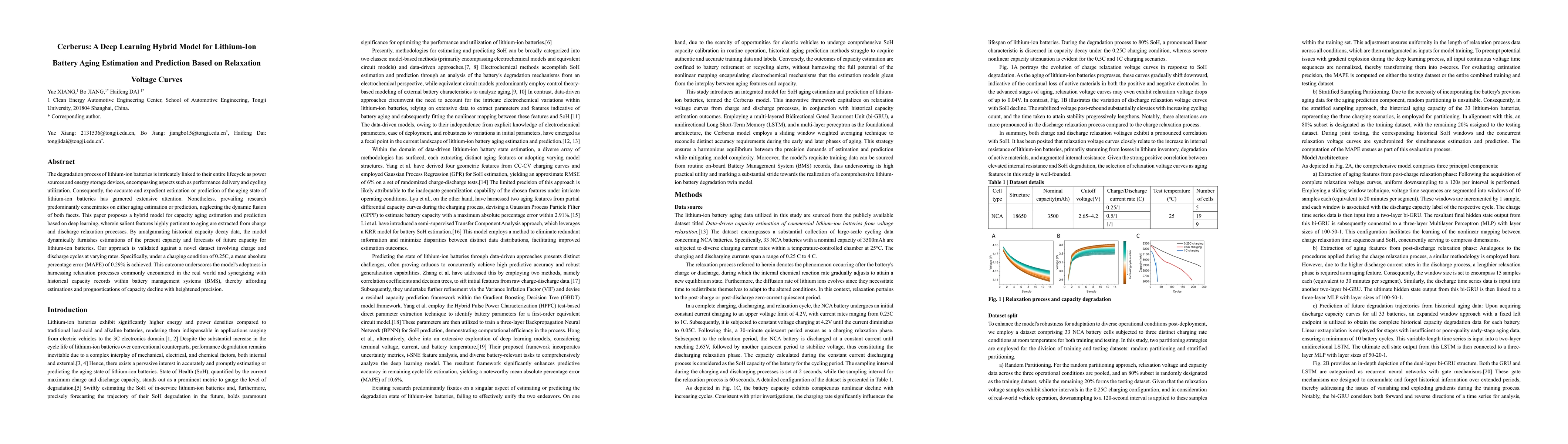 Thumbnail for Cerberus: A Deep Learning Hybrid Model for Lithium-Ion Battery Aging
  Estimation and Prediction Based on Relaxation Voltage Curves