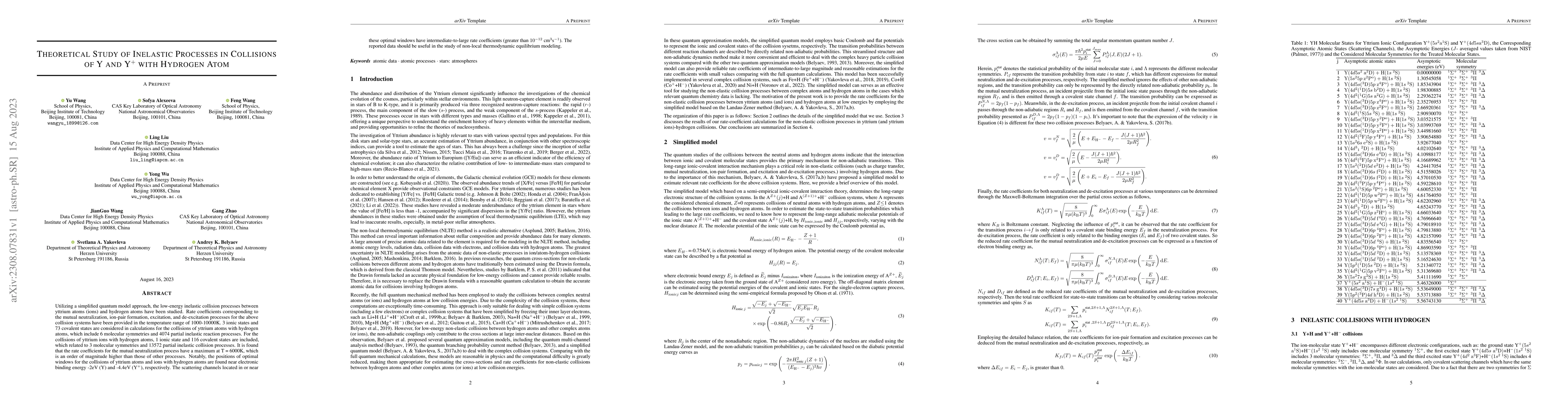 Thumbnail for Theoretical Study of Inelastic Processes in Collisions of Y and Y$^+$
  with Hydrogen Atom
