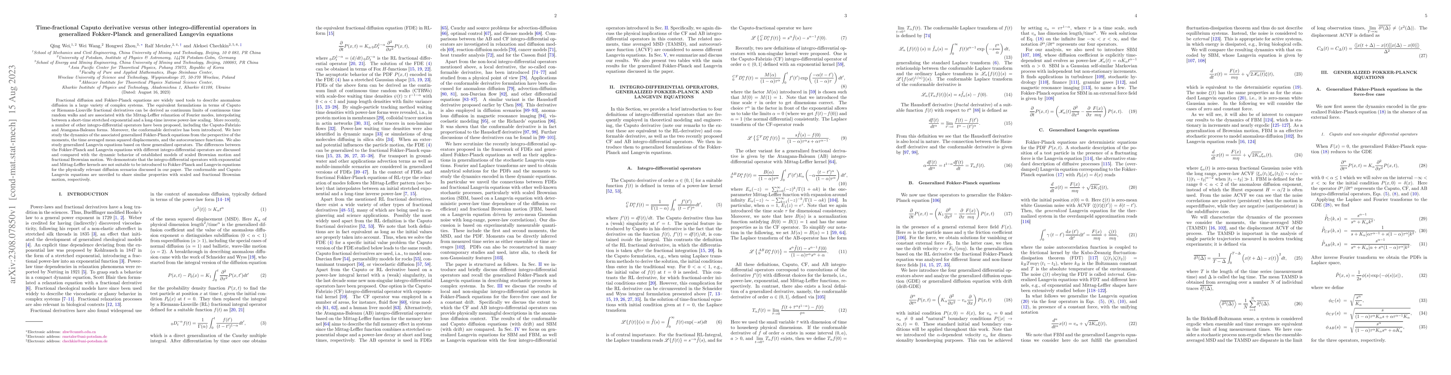 Thumbnail for Time-fractional Caputo derivative versus other integro-differential
  operators in generalized Fokker-Planck and generalized Langevin equations