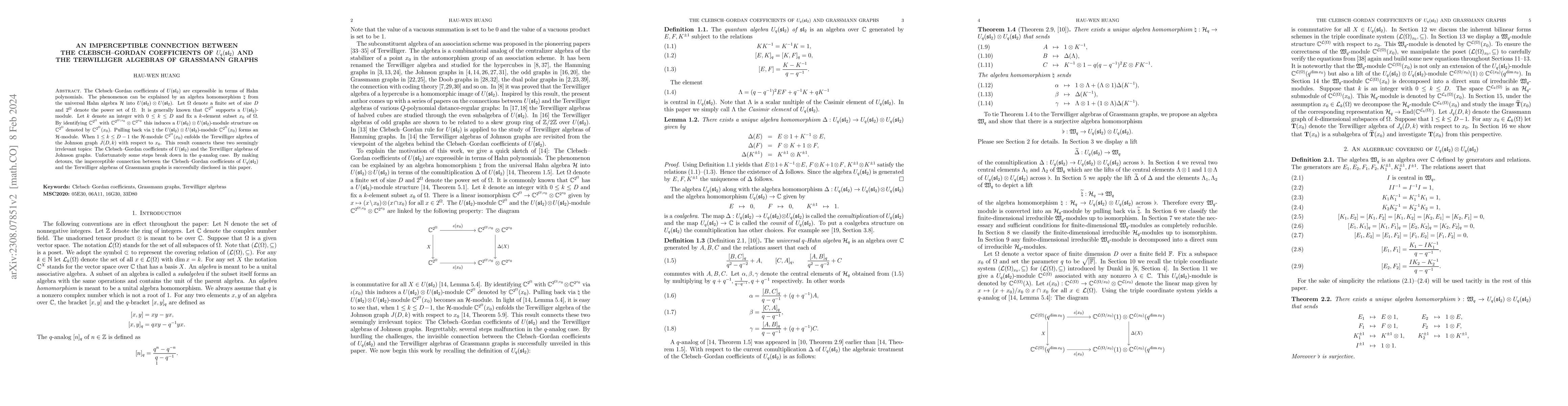 Thumbnail for An imperceptible connection between the Clebsch--Gordan coefficients of
  $U_q(\mathfrak{sl}_2)$ and the Terwilliger algebras of Grassmann graphs