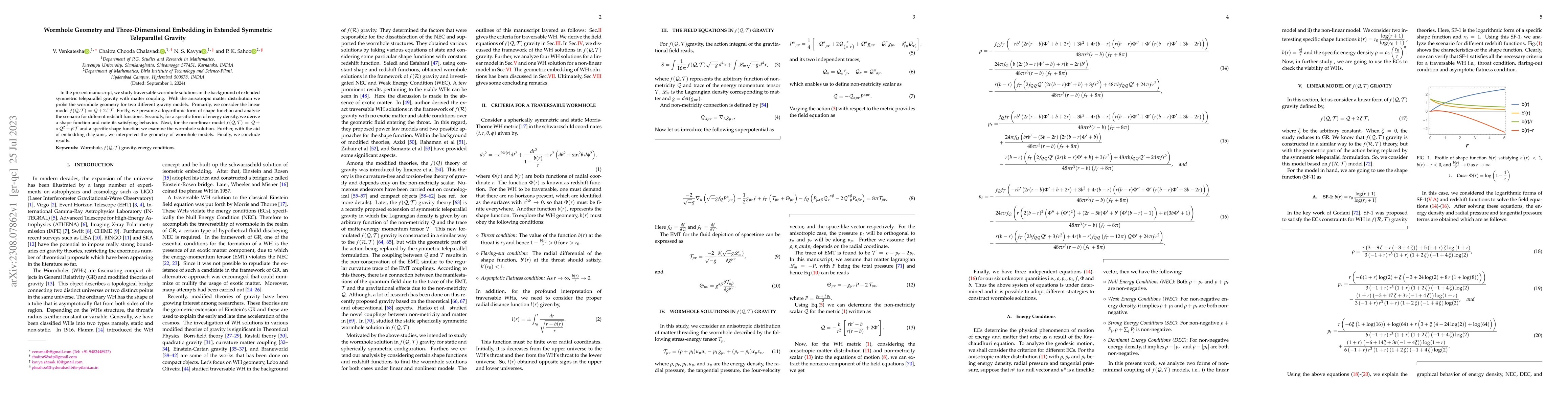 Thumbnail for Wormhole Geometry and Three-Dimensional Embedding in Extended Symmetric
  Teleparallel Gravity