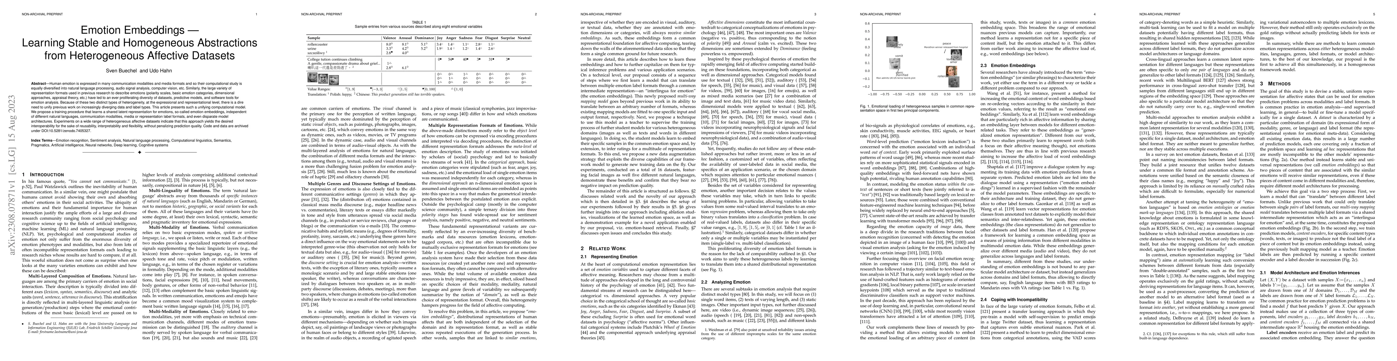 Thumbnail for Emotion Embeddings $\unicode{x2014}$ Learning Stable and Homogeneous
  Abstractions from Heterogeneous Affective Datasets