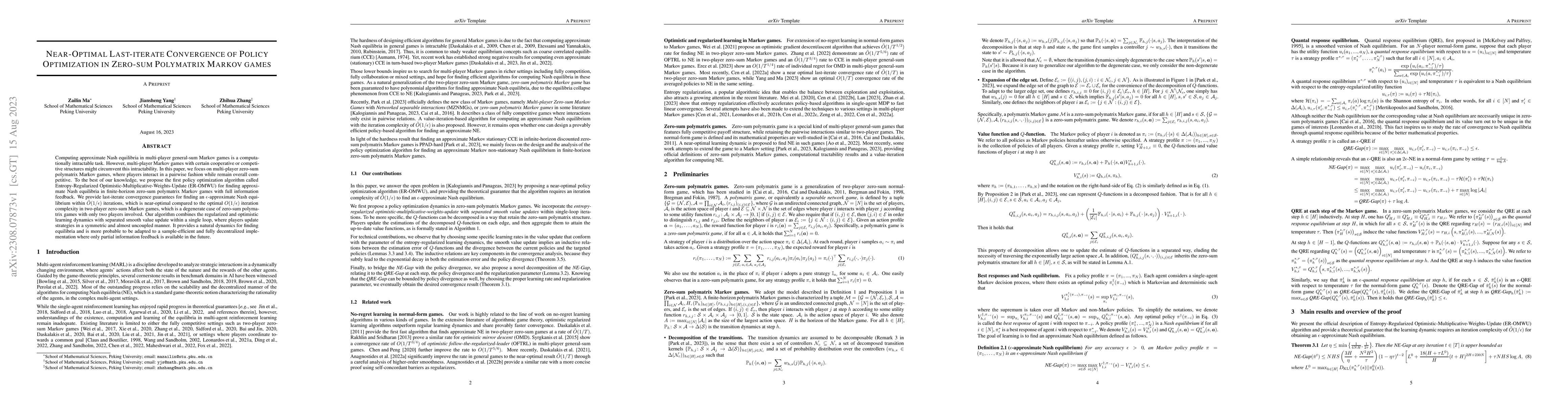 Thumbnail for Near-Optimal Last-iterate Convergence of Policy Optimization in Zero-sum
  Polymatrix Markov games