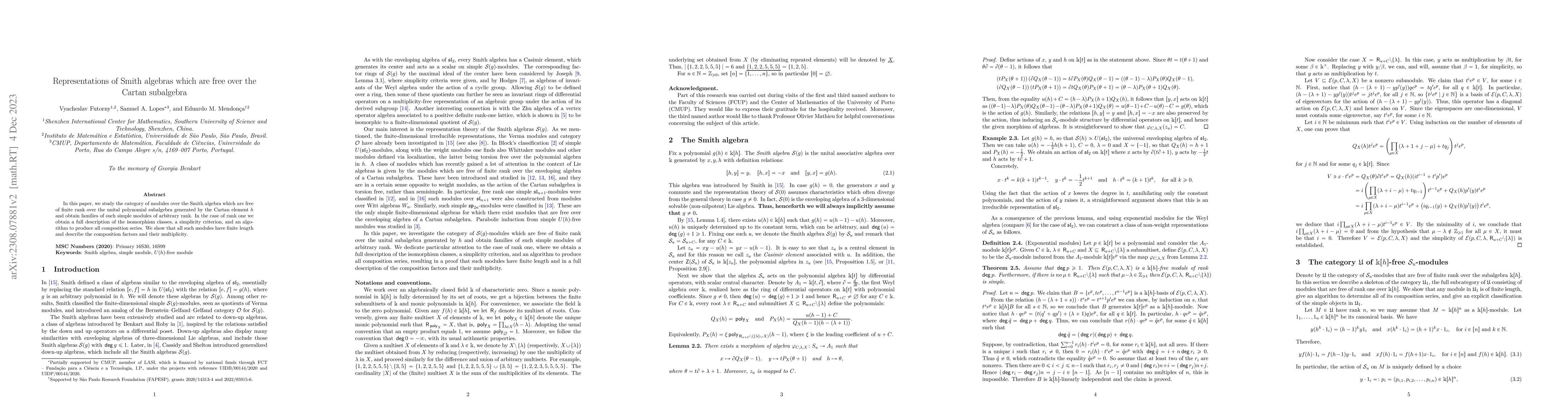 Thumbnail for Representations of Smith algebras which are free over the Cartan
  subalgebra