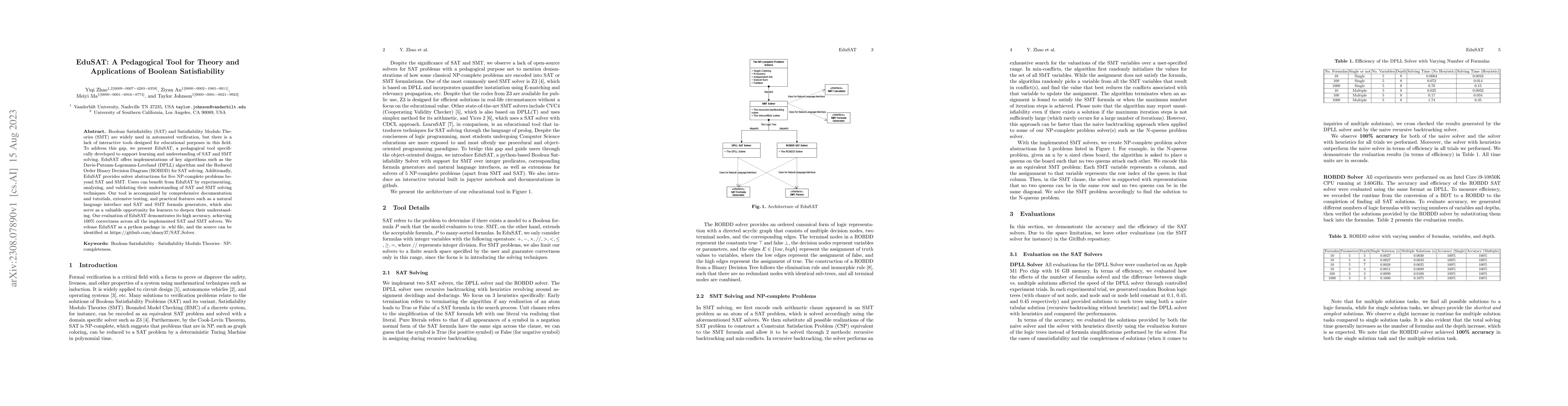 Thumbnail for EduSAT: A Pedagogical Tool for Theory and Applications of Boolean
  Satisfiability