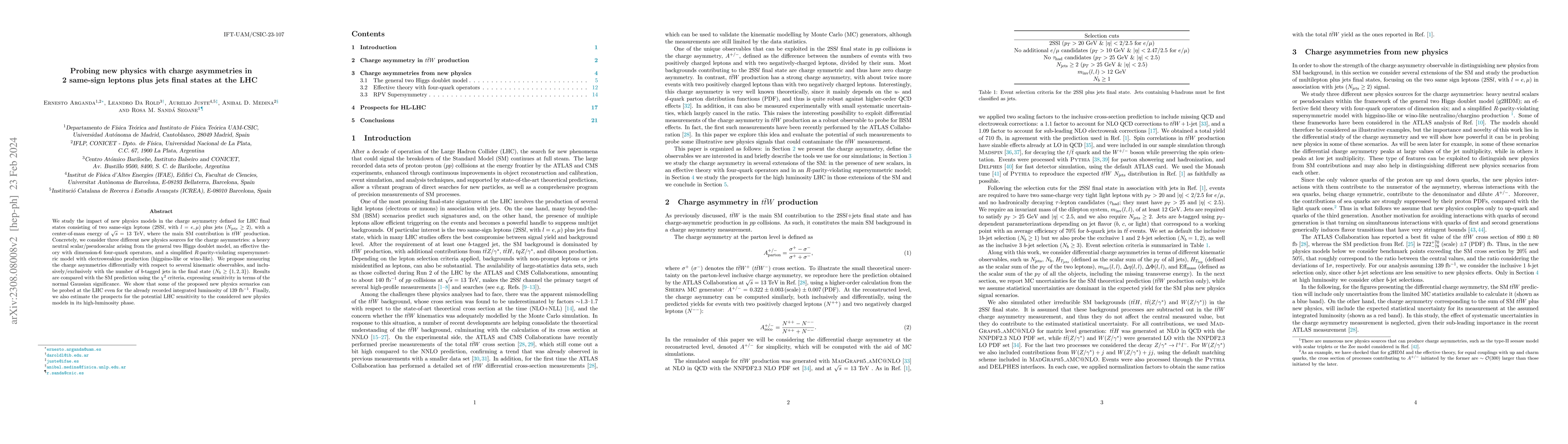 Thumbnail for Probing new physics with charge asymmetries in 2 same-sign leptons plus
  jets final states at the LHC