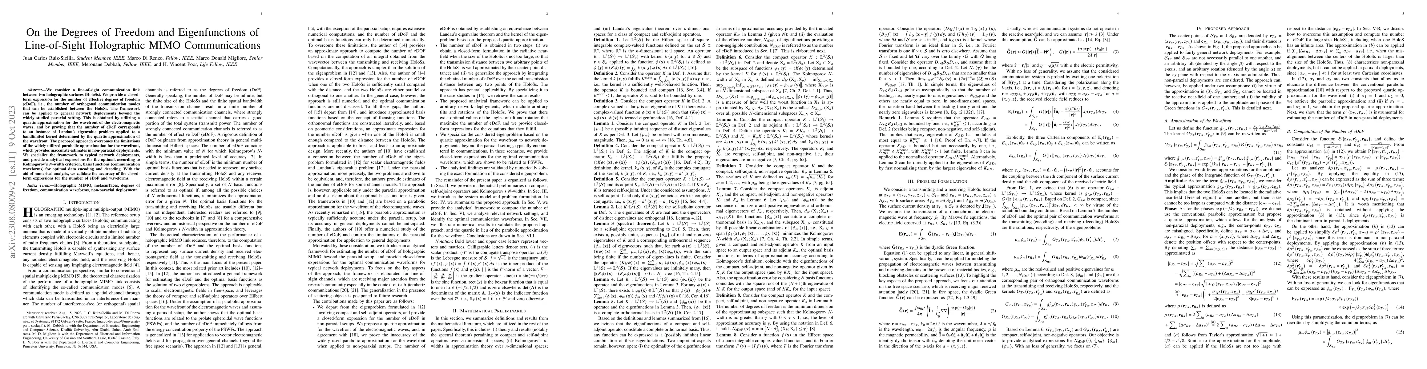 Thumbnail for On the Degrees of Freedom and Eigenfunctions of Line-of-Sight
  Holographic MIMO Communications