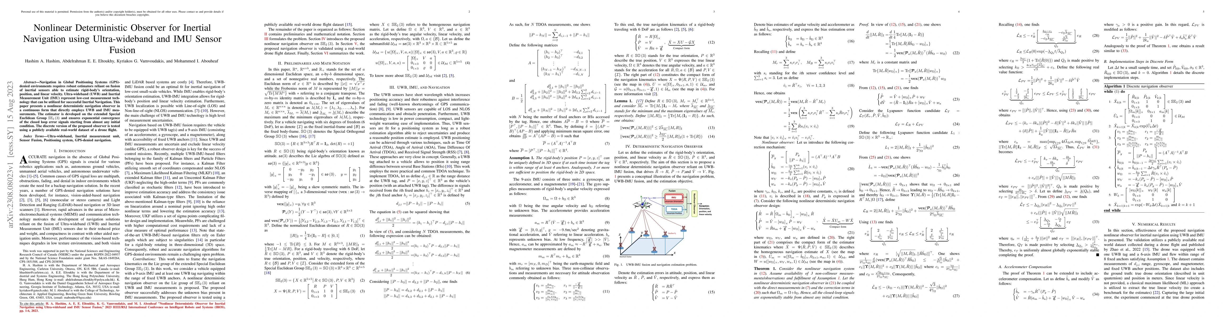 Thumbnail for Nonlinear Deterministic Observer for Inertial Navigation using
  Ultra-wideband and IMU Sensor Fusion