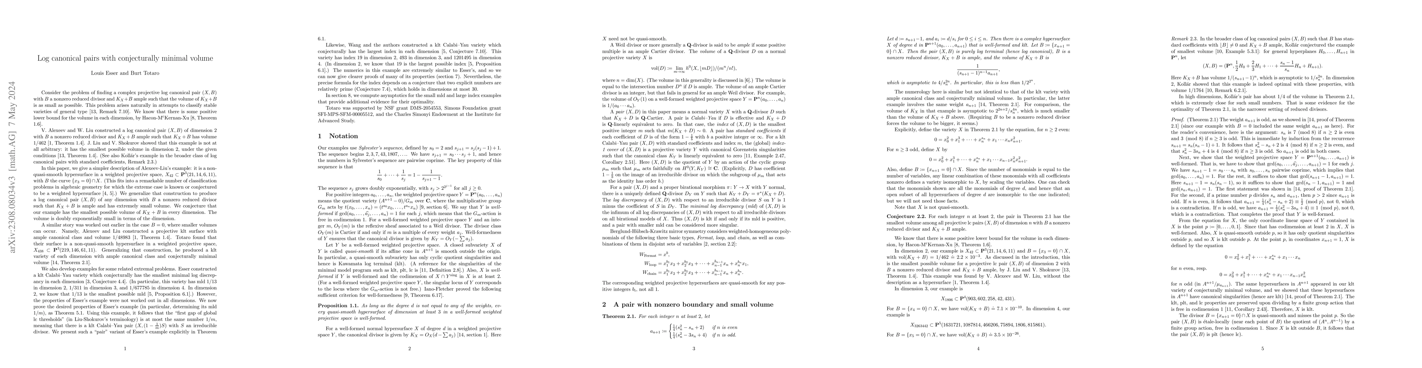 Thumbnail for Log canonical pairs with conjecturally minimal volume