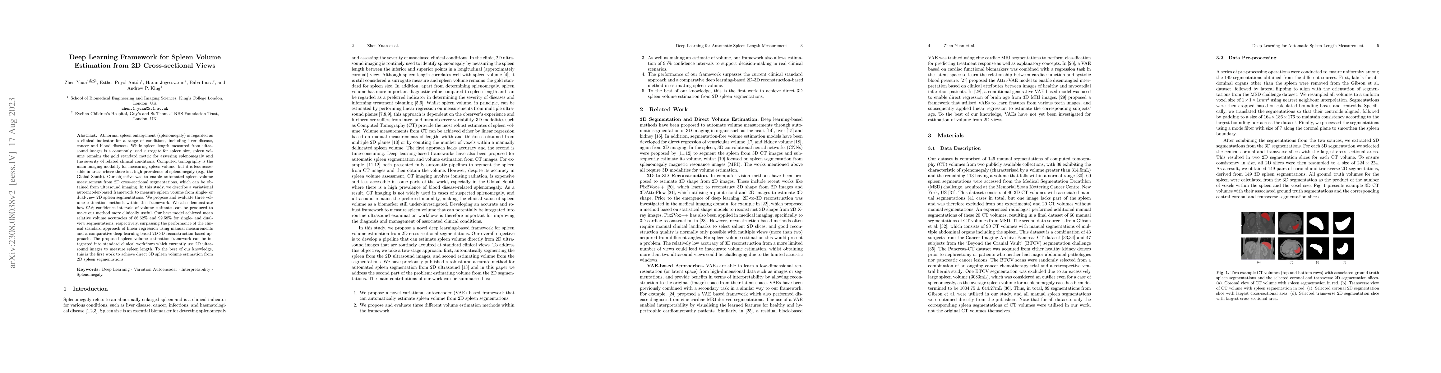 Thumbnail for Deep Learning Framework for Spleen Volume Estimation from 2D
  Cross-sectional Views