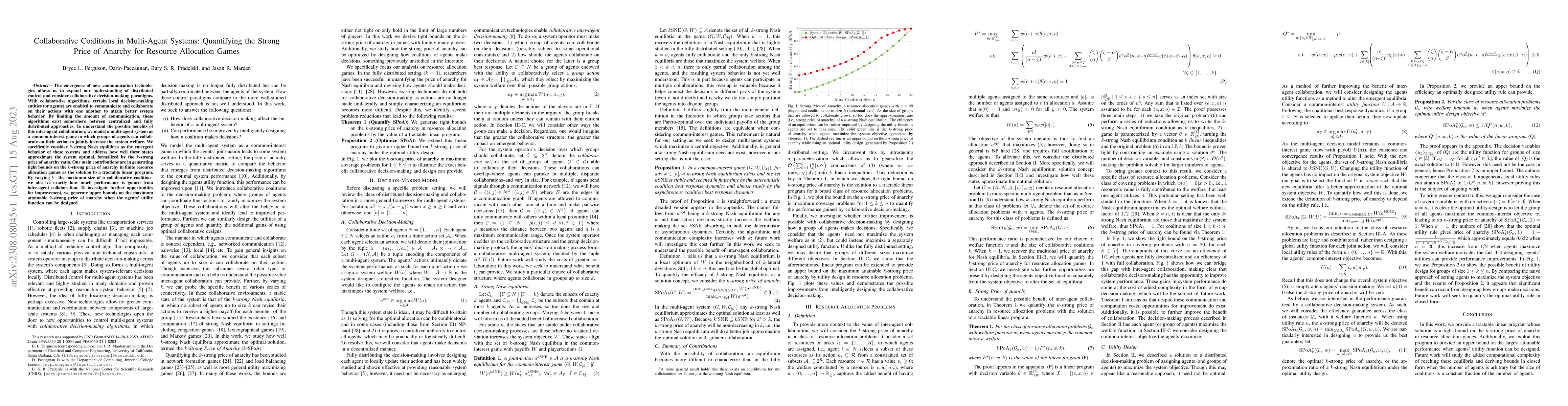 Thumbnail for Collaborative Coalitions in Multi-Agent Systems: Quantifying the Strong
  Price of Anarchy for Resource Allocation Games