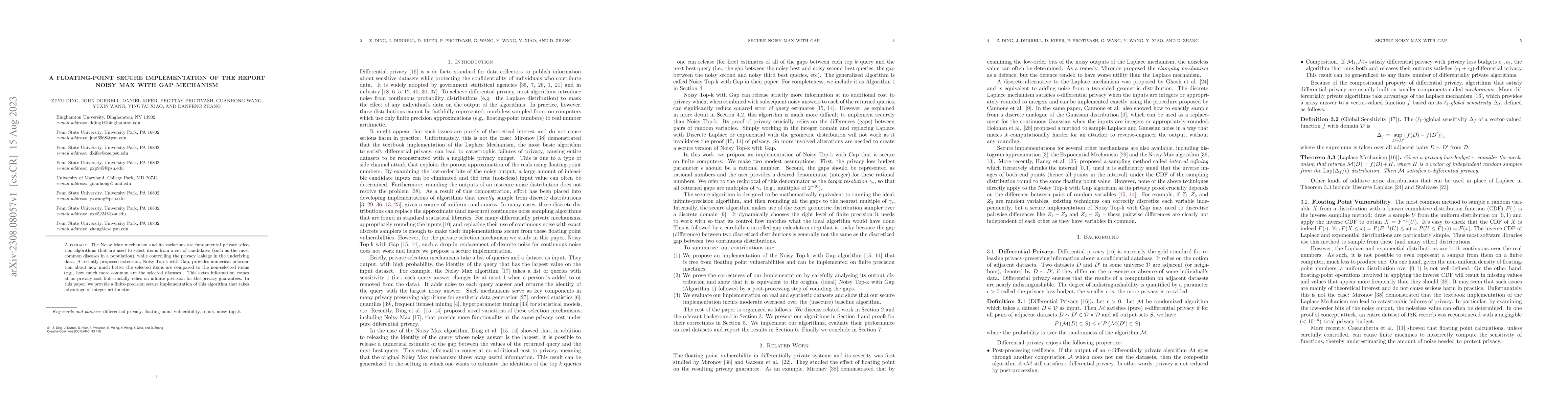 Thumbnail for A Floating-Point Secure Implementation of the Report Noisy Max with Gap
  Mechanism