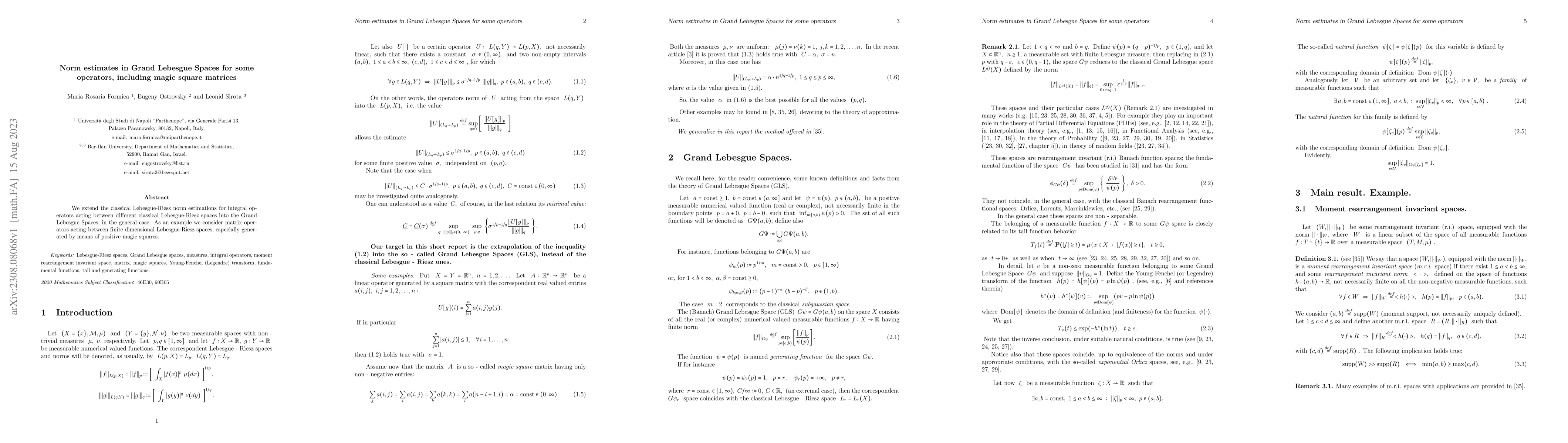 Thumbnail for Norm estimates in Grand Lebesgue Spaces for some operators, including
  magic square matrices