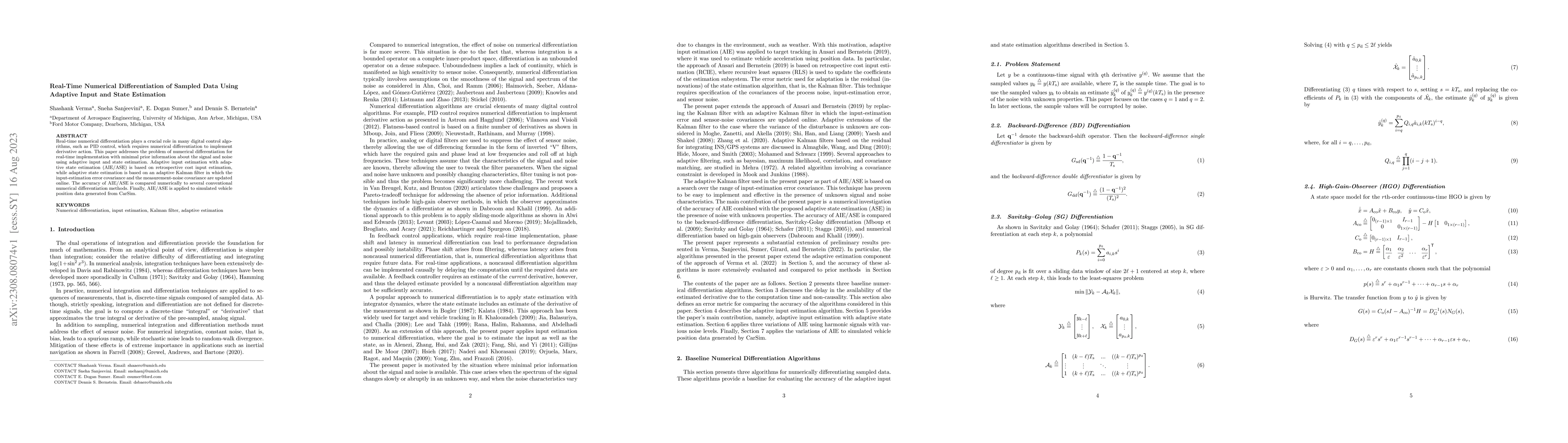 Thumbnail for Real-Time Numerical Differentiation of Sampled Data Using Adaptive Input
  and State Estimation