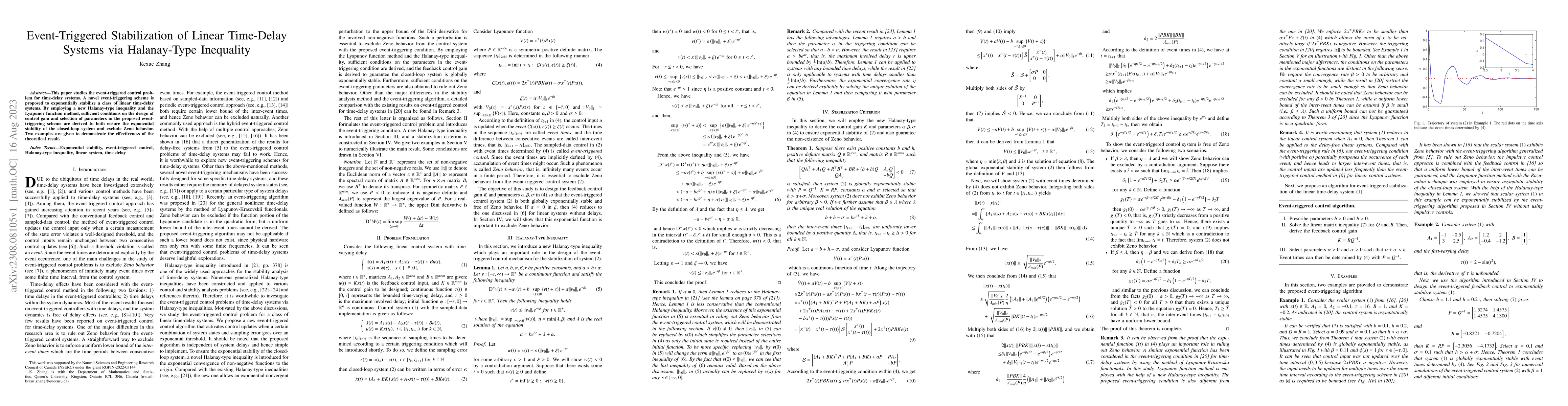 Thumbnail for Event-Triggered Stabilization of Linear Time-Delay Systems via
  Halanay-Type Inequality