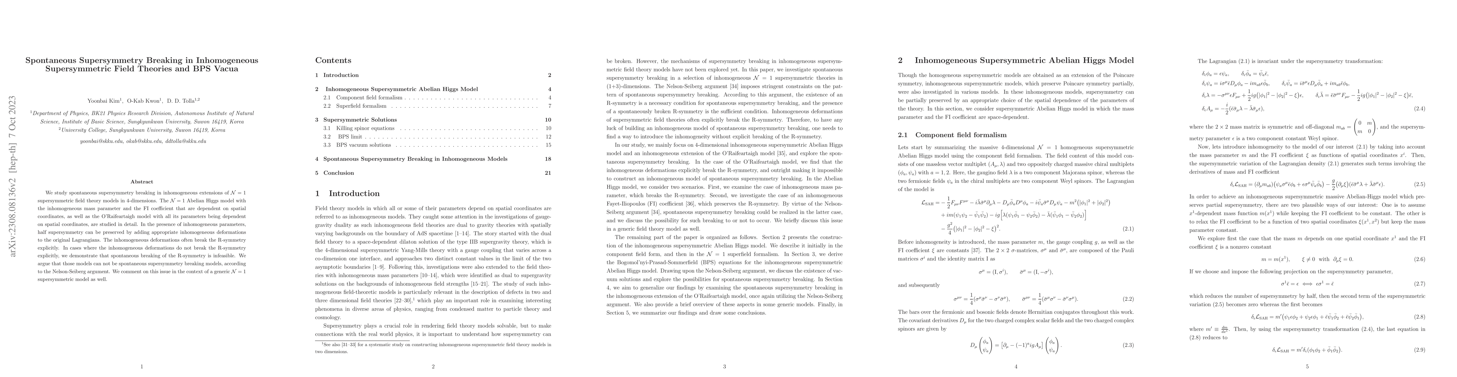 Thumbnail for Spontaneous Supersymmetry Breaking in Inhomogeneous Supersymmetric Field
  Theories and BPS Vacua