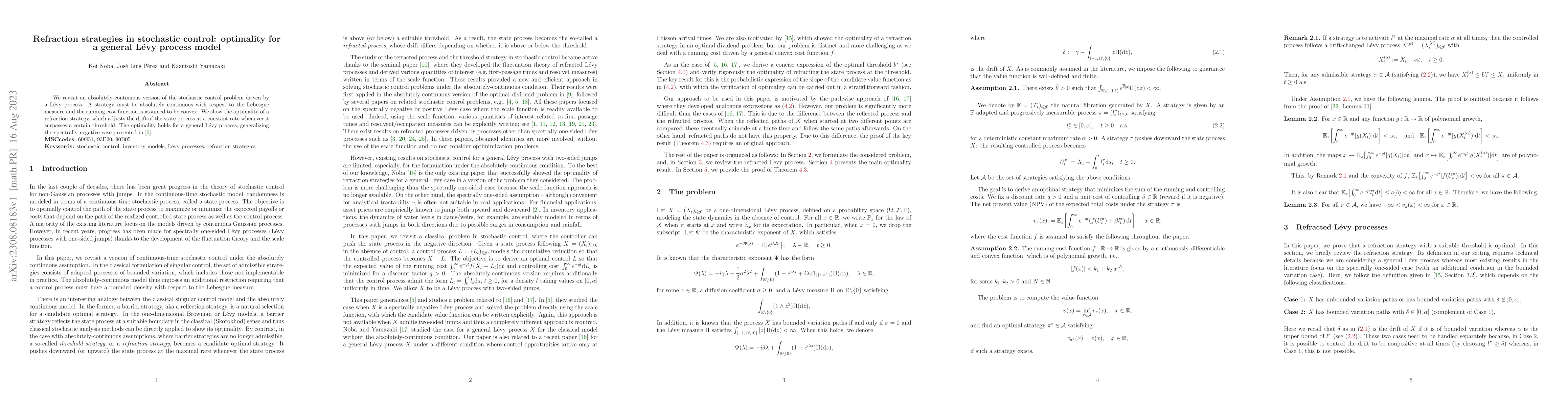 Thumbnail for Refraction strategies in stochastic control: optimality for a general
  L\'evy process model