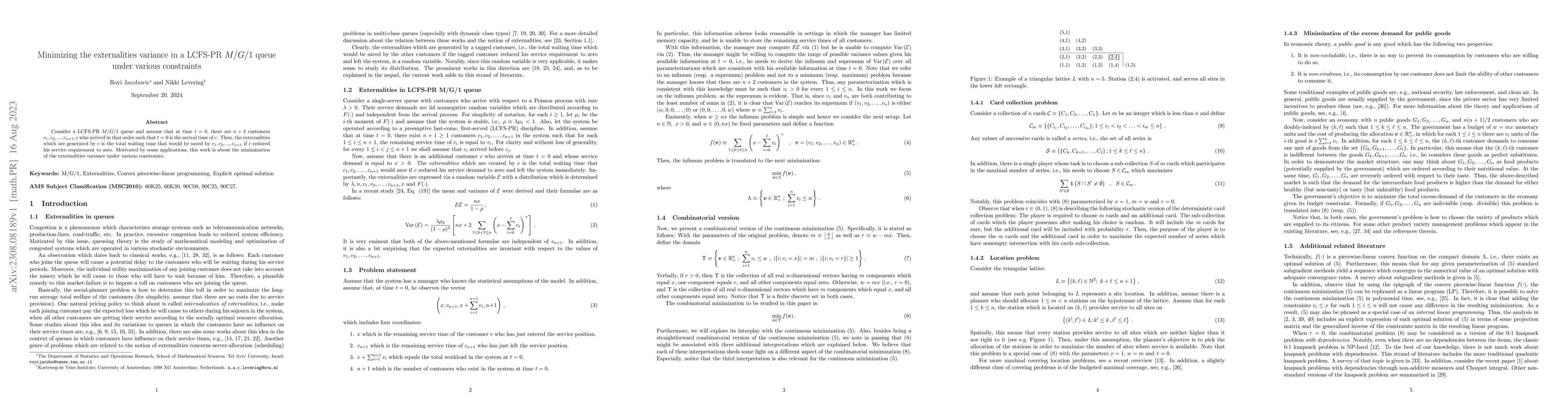 Thumbnail for Minimizing the externalities variance in a LCFS-PR $M/G/1$ queue under
  various constraints