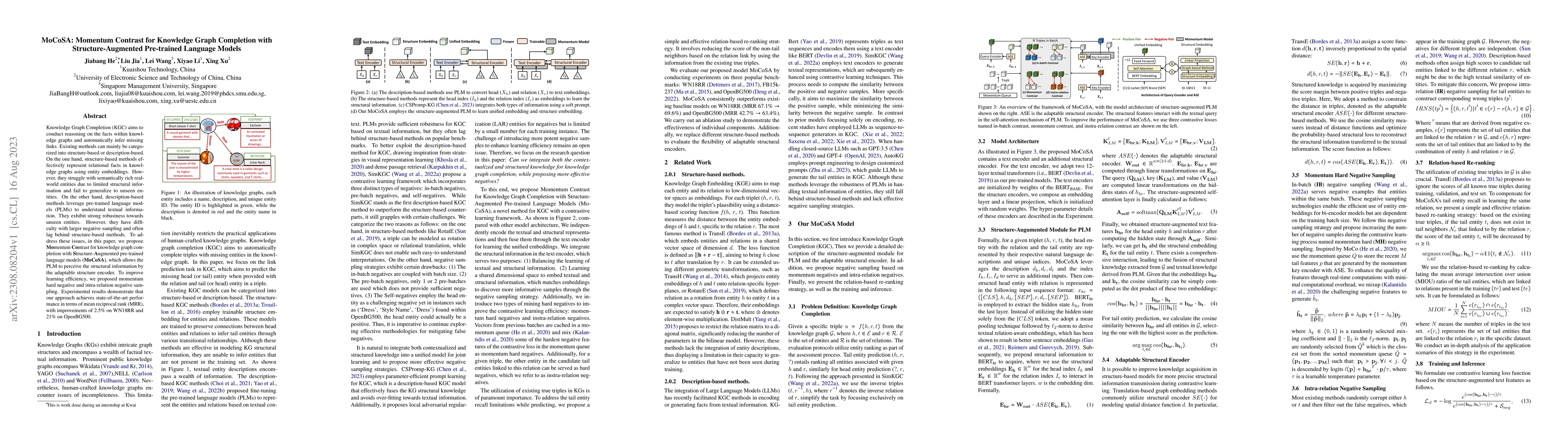 Thumbnail for MoCoSA: Momentum Contrast for Knowledge Graph Completion with
  Structure-Augmented Pre-trained Language Models