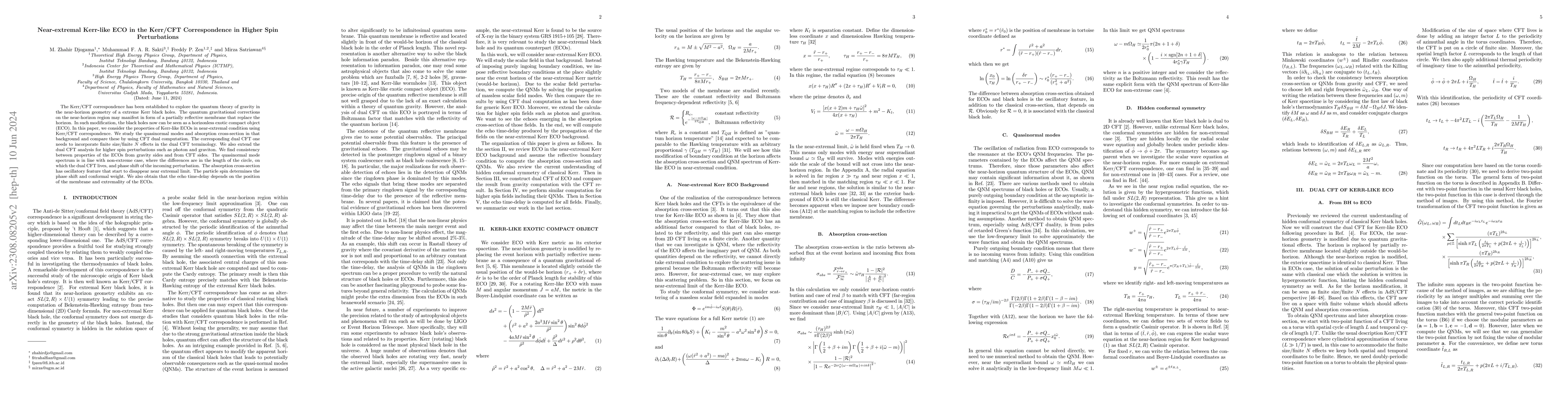 Thumbnail for Near-extremal Kerr-like ECO in the Kerr/CFT Correspondence in Higher
  Spin Perturbations