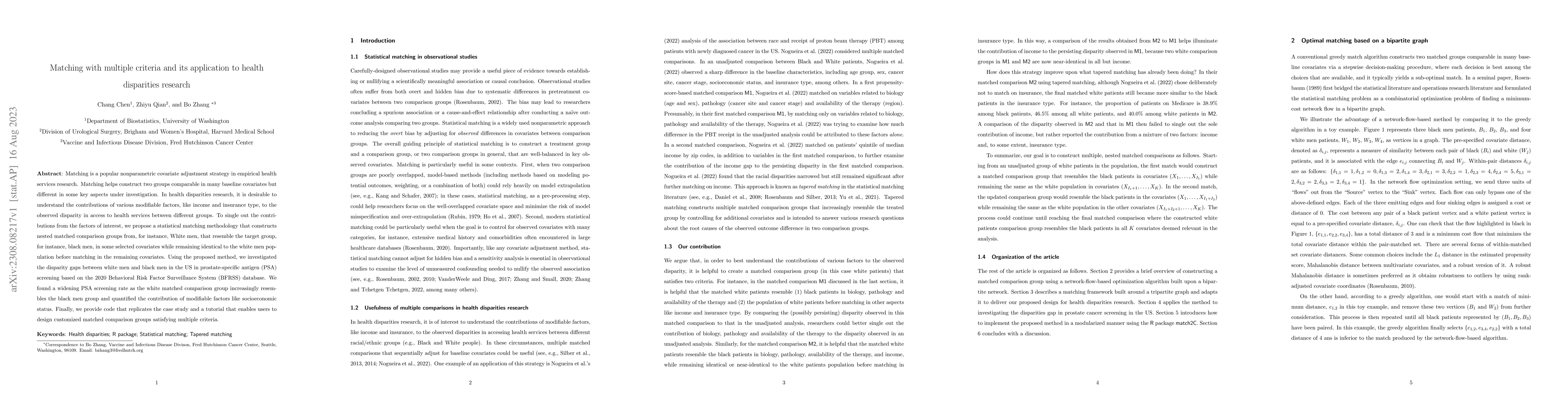 Thumbnail for Matching with multiple criteria and its application to health
  disparities research