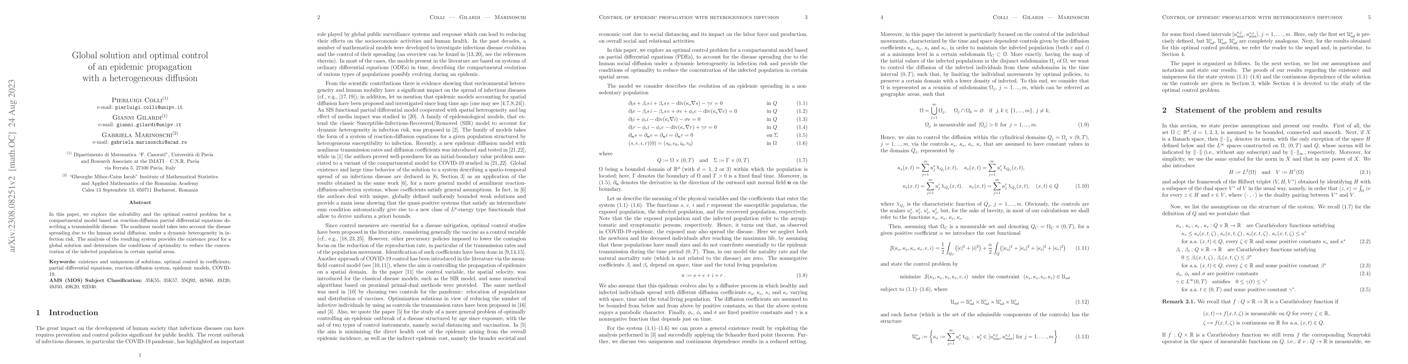 Thumbnail for Global solution and optimal control of an epidemic propagation with a
  heterogeneous diffusion