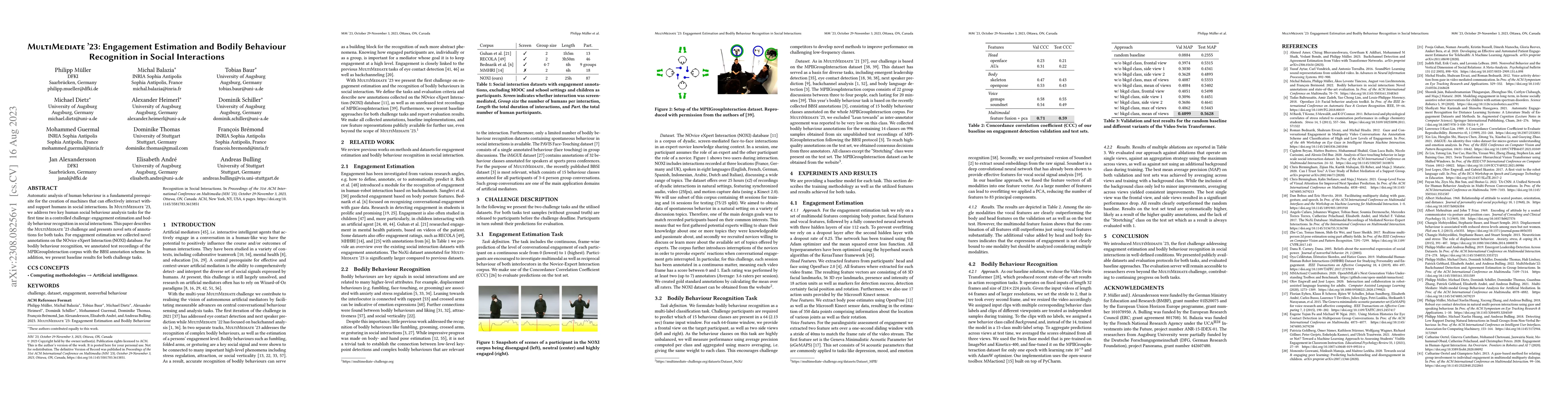 Thumbnail for MultiMediate'23: Engagement Estimation and Bodily Behaviour Recognition
  in Social Interactions
