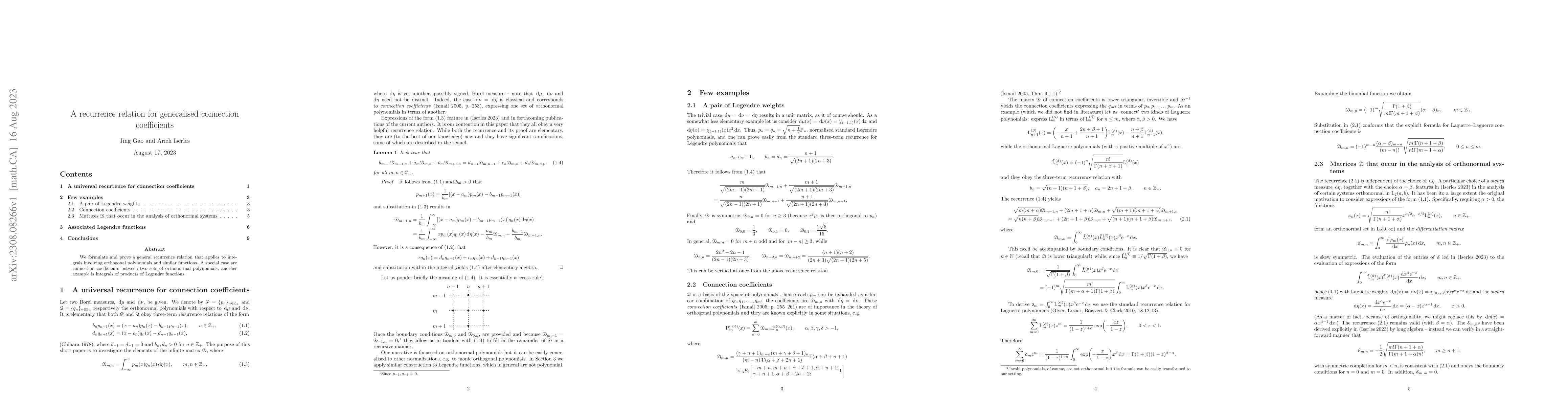 Thumbnail for A recurrence relation for generalised connection coefficients