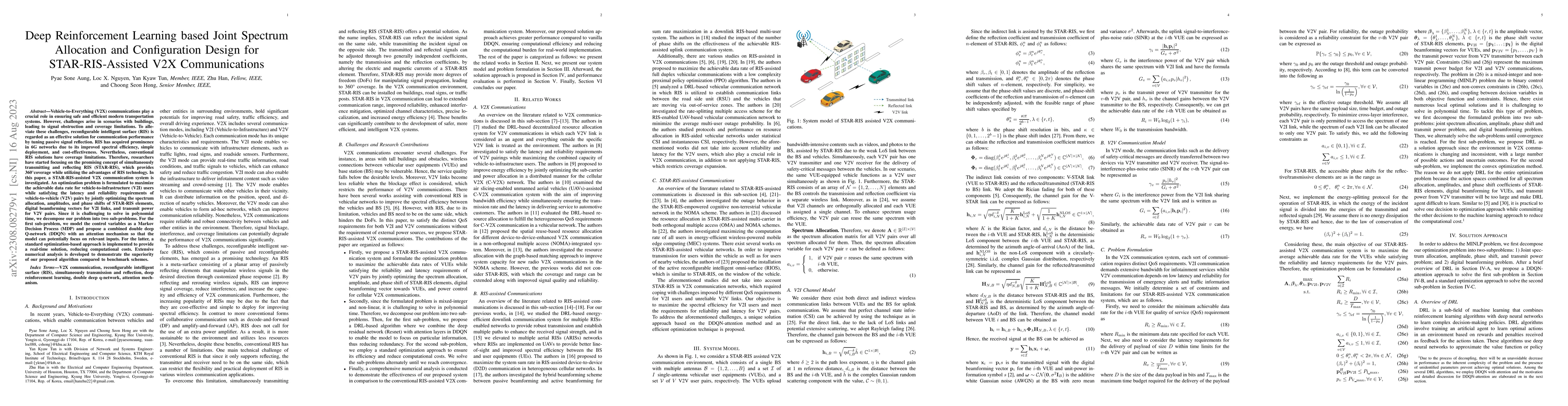 Thumbnail for Deep Reinforcement Learning based Joint Spectrum Allocation and
  Configuration Design for STAR-RIS-Assisted V2X Communications