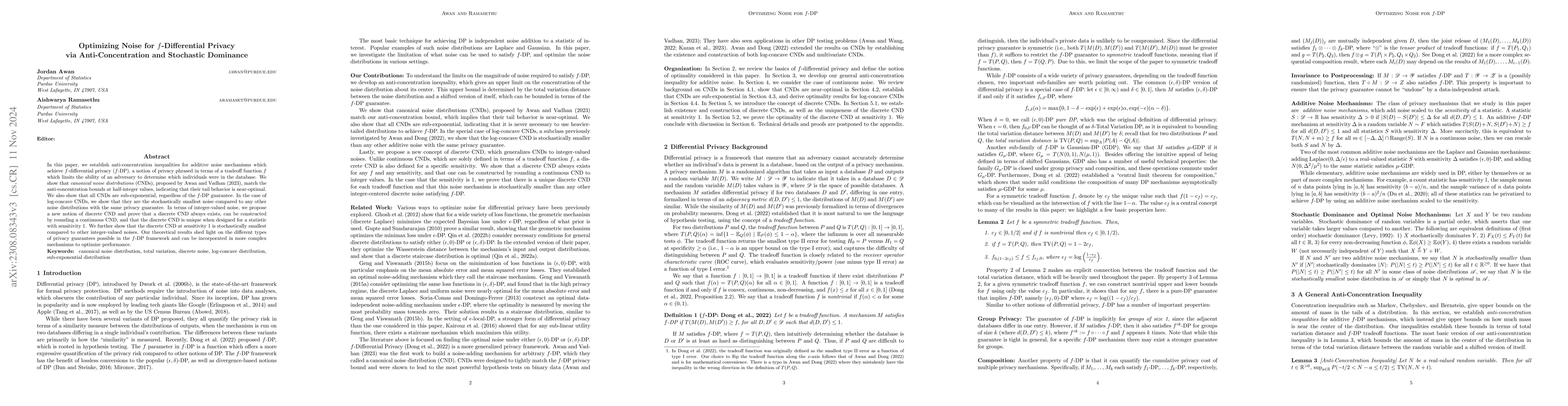 Thumbnail for Optimizing Noise for $f$-Differential Privacy via Anti-Concentration and
  Stochastic Dominance