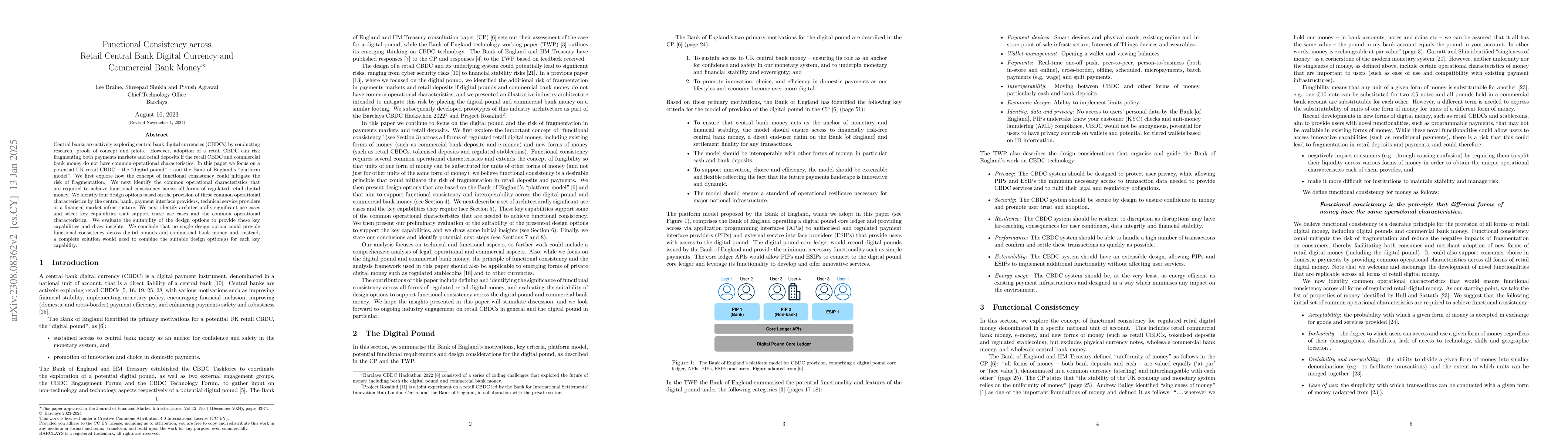 Thumbnail for Functional Consistency across Retail Central Bank Digital Currency and
  Commercial Bank Money