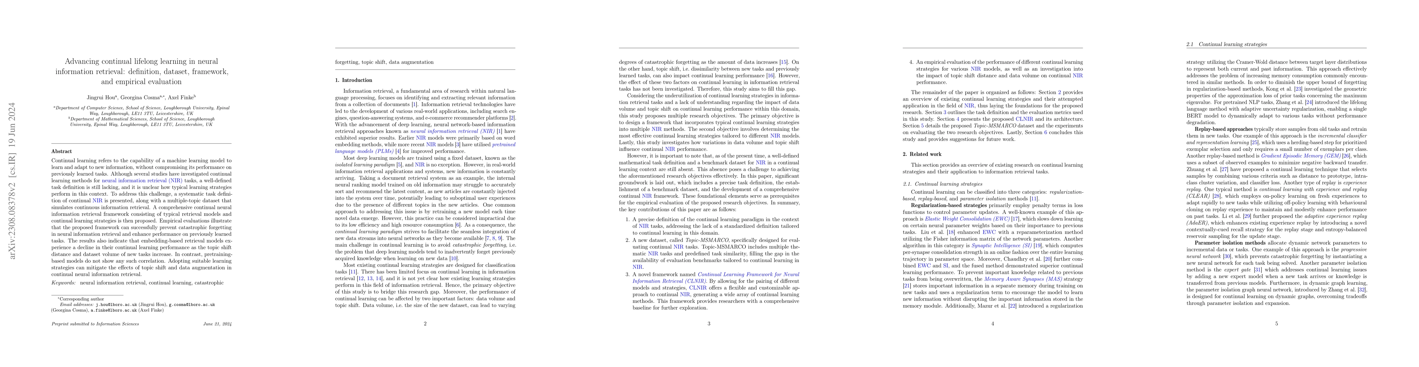 Thumbnail for Advancing continual lifelong learning in neural information retrieval:
  definition, dataset, framework, and empirical evaluation
