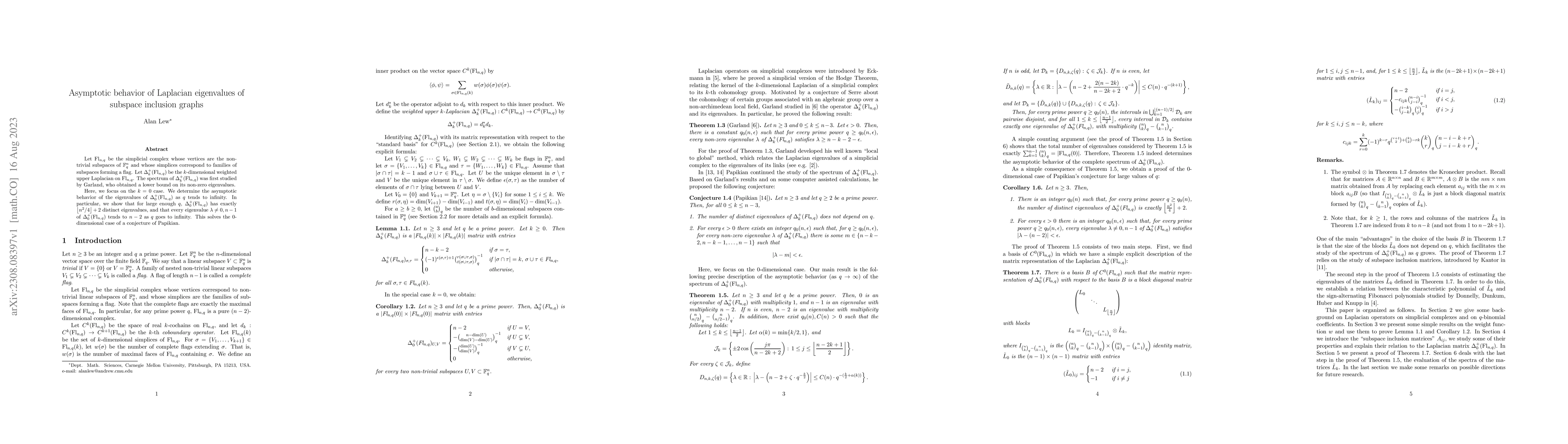 Thumbnail for Asymptotic behavior of Laplacian eigenvalues of subspace inclusion
  graphs