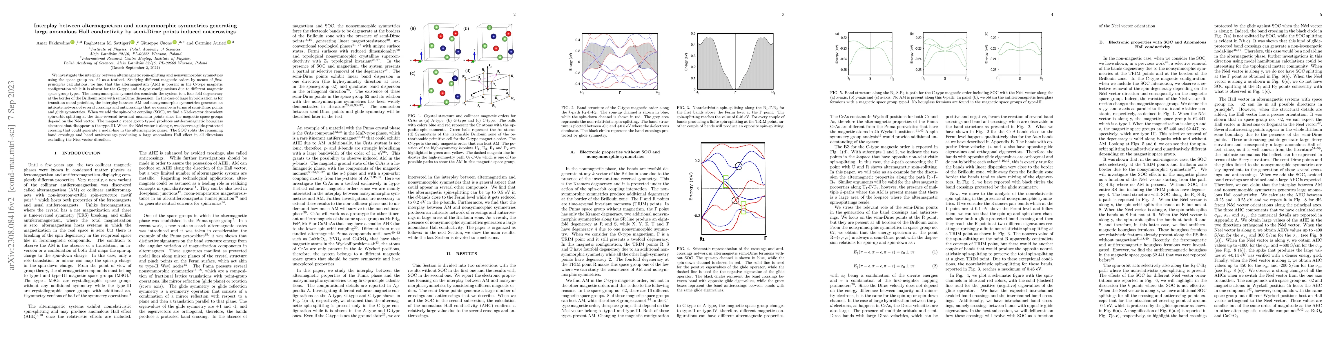 Thumbnail for Interplay between altermagnetism and nonsymmorphic symmetries generating
  large anomalous Hall conductivity by semi-Dirac points induced anticrossings