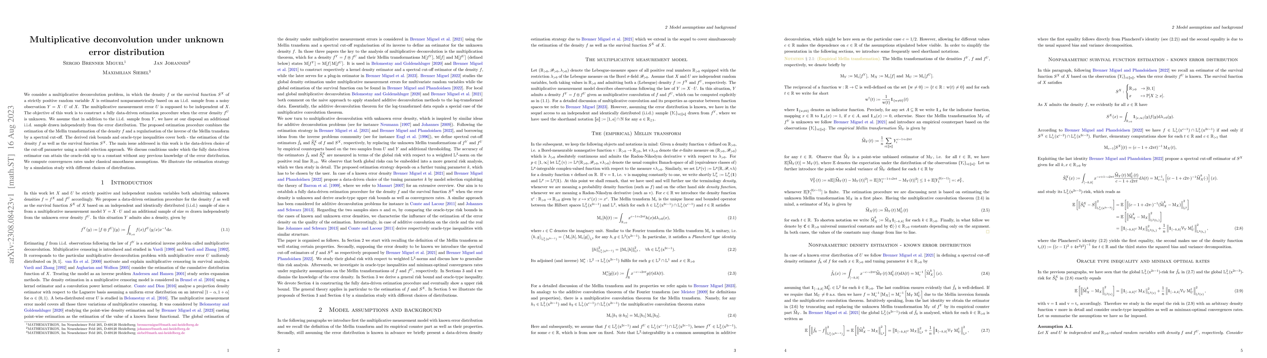 Thumbnail for Multiplicative deconvolution under unknown error distribution