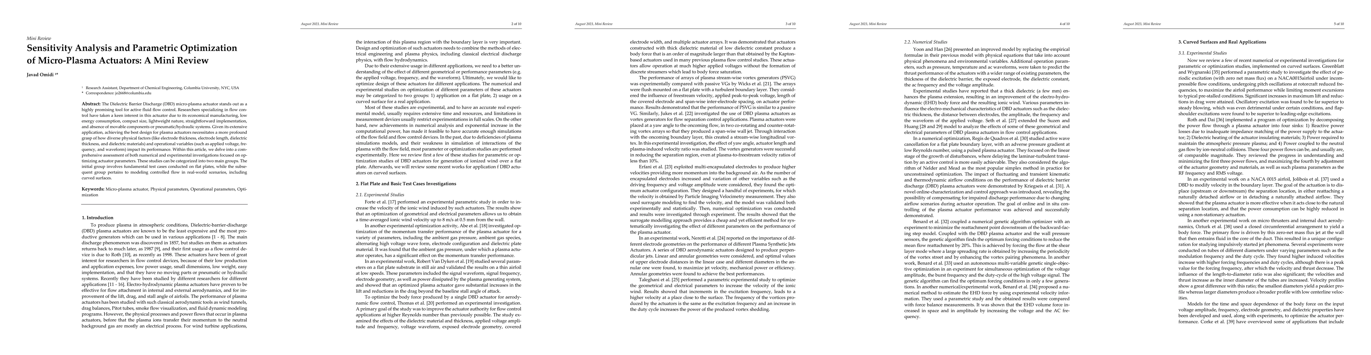 Thumbnail for Sensitivity Analysis and Parametric Optimization of Micro-Plasma
  Actuators: A Mini Review