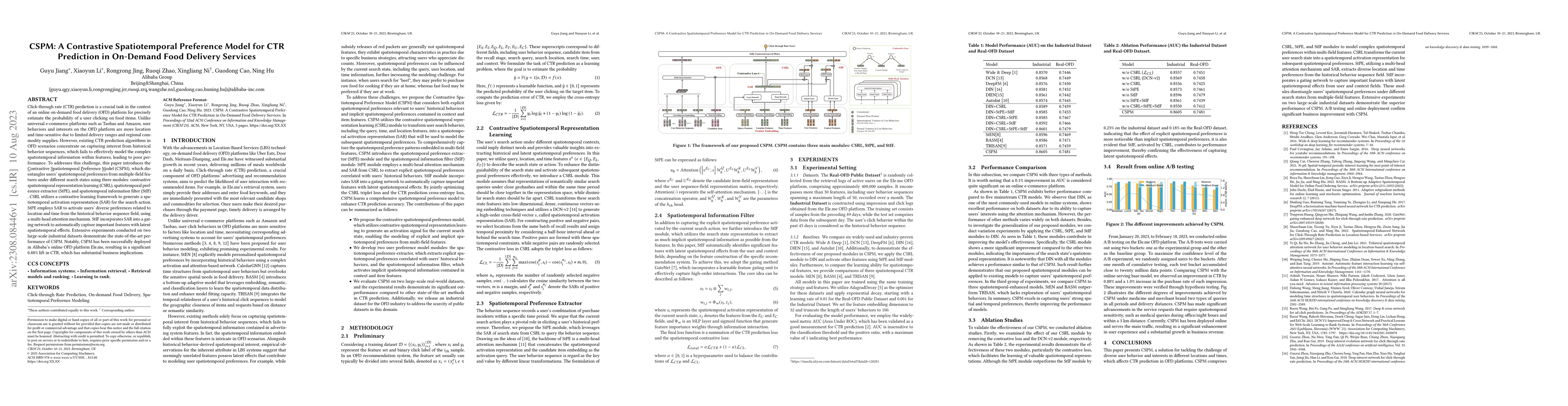 Thumbnail for CSPM: A Contrastive Spatiotemporal Preference Model for CTR Prediction
  in On-Demand Food Delivery Services