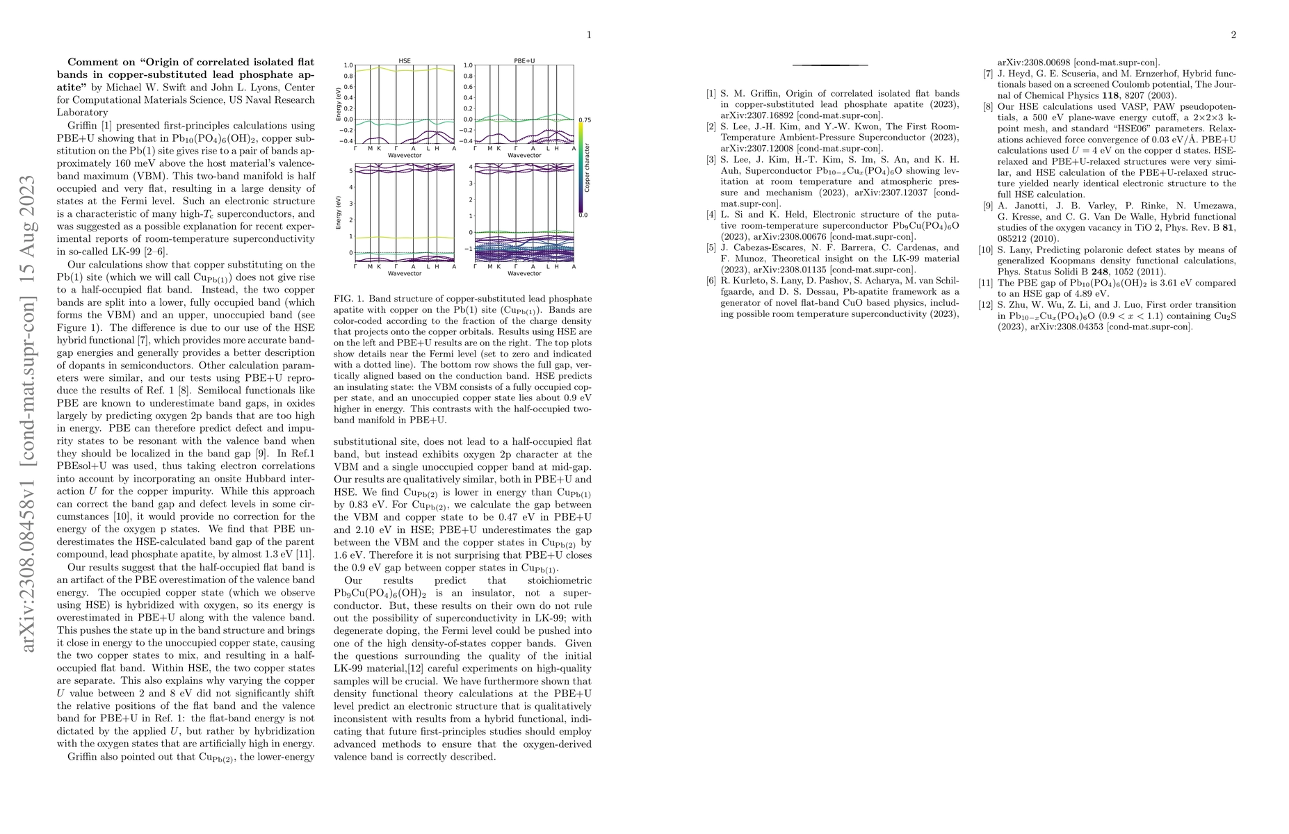 Thumbnail for Comment on "Origin of correlated isolated flat bands in
  copper-substituted lead phosphate apatite"