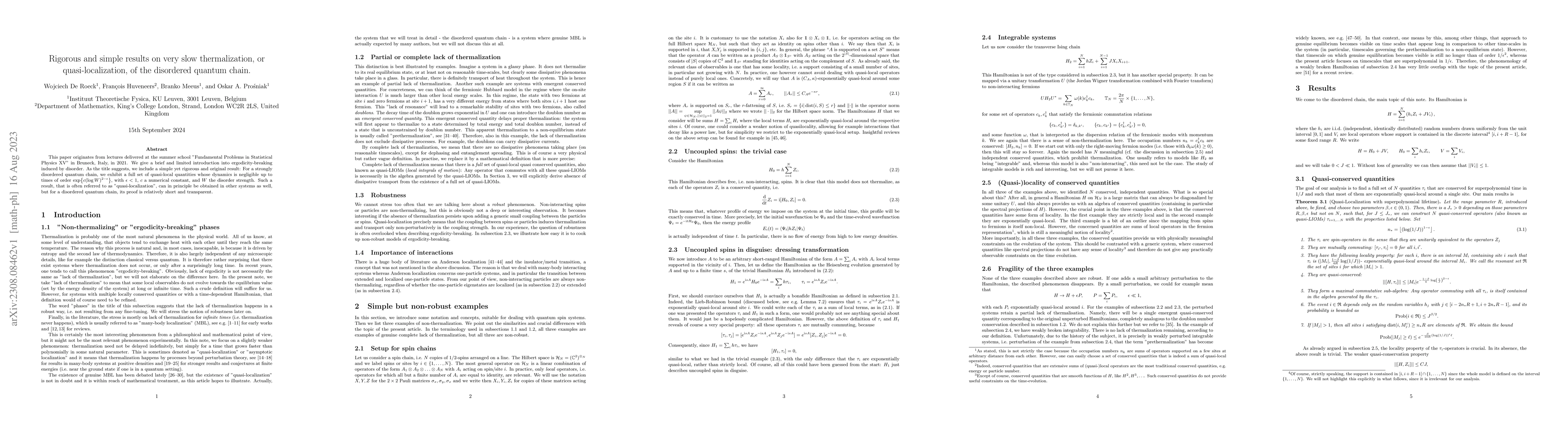 Thumbnail for Rigorous and simple results on very slow thermalization, or
  quasi-localization, of the disordered quantum chain