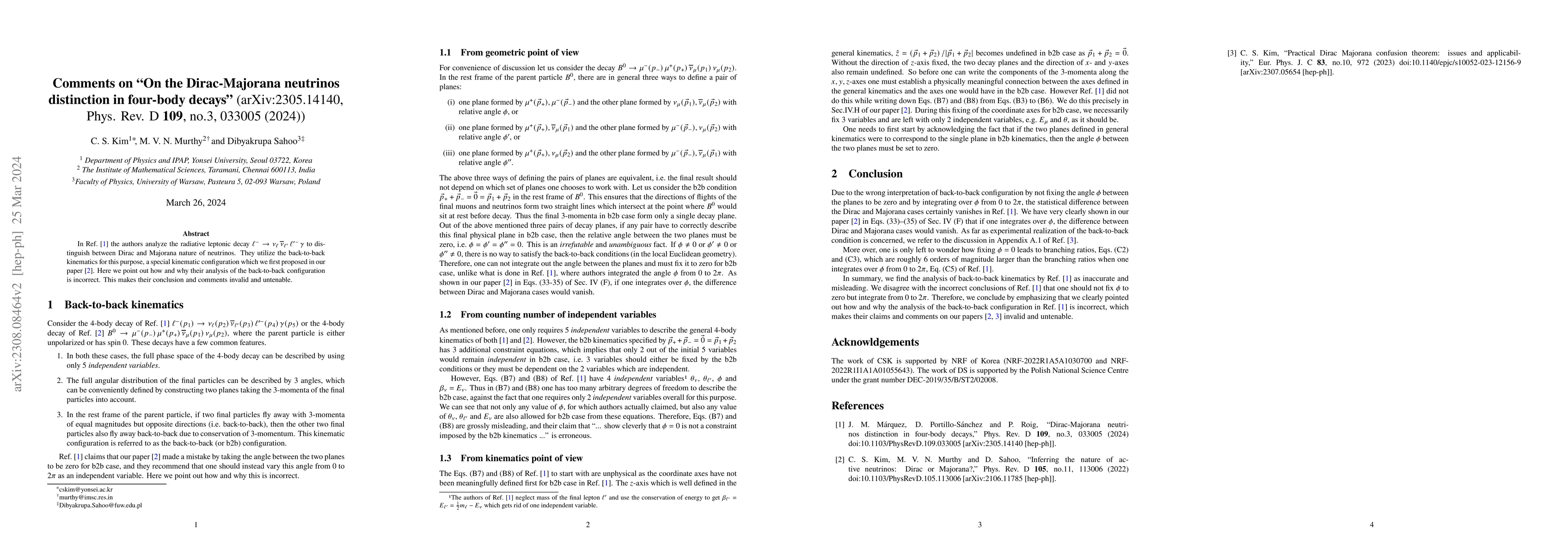 Thumbnail for Comments on "On the Dirac-Majorana neutrinos distinction in four-body
  decays" (arXiv:2305.14140 [hep-ph], Phys. Rev. D 109, no.3, 033005 (2024))