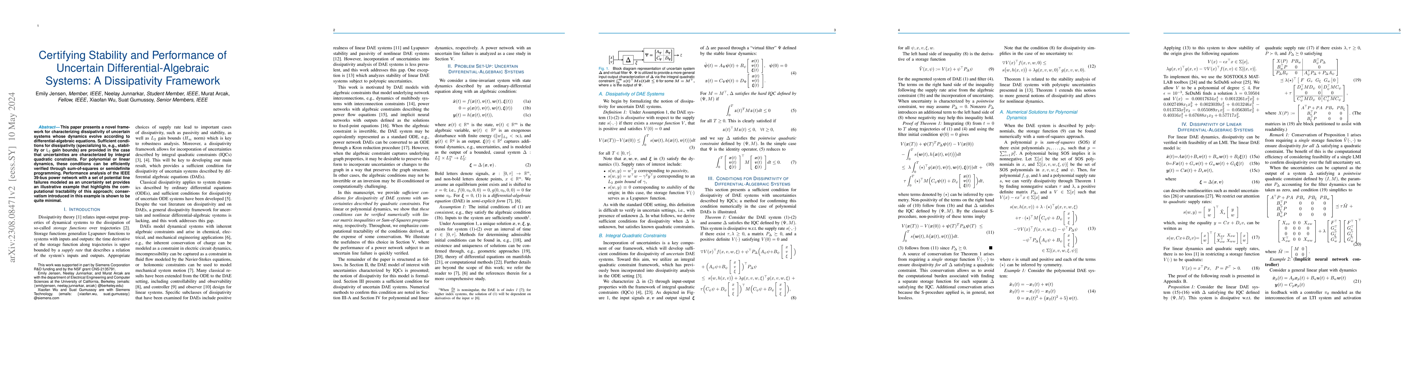 Thumbnail for Certifying Stability and Performance of Uncertain Differential-Algebraic
  Systems: A Dissipativity Framework