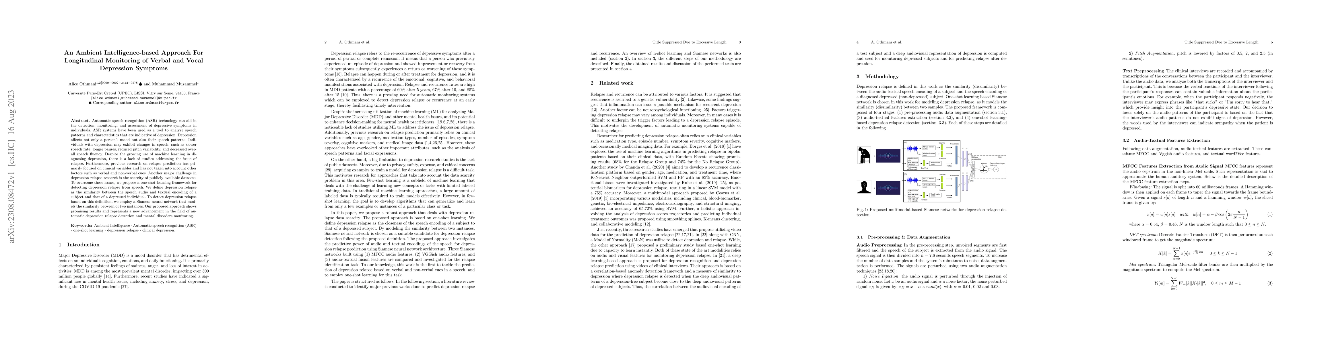 Thumbnail for An Ambient Intelligence-based Approach For Longitudinal Monitoring of
  Verbal and Vocal Depression Symptoms