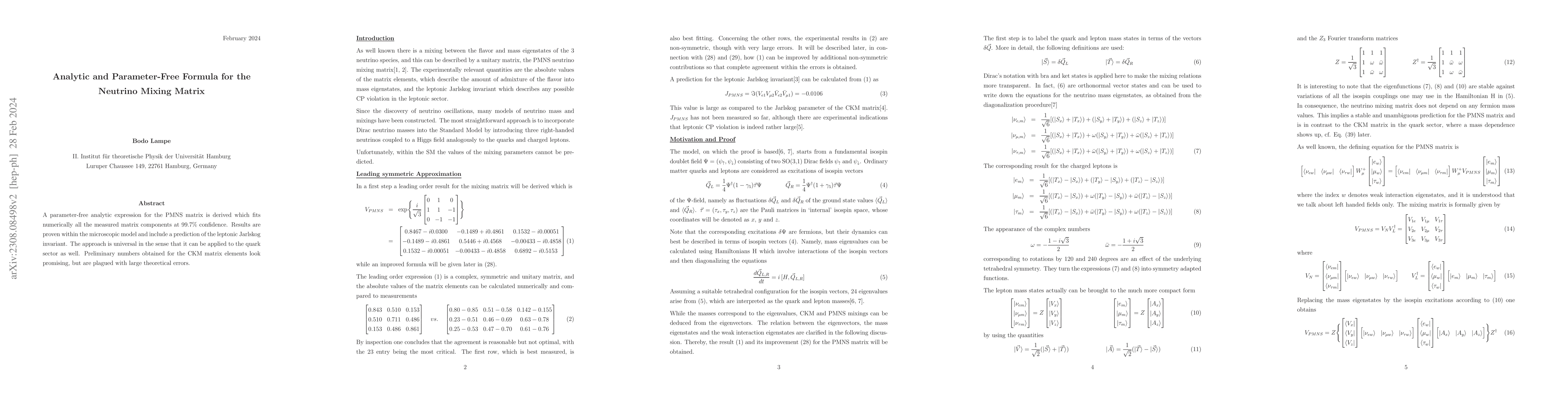 Thumbnail for Analytic and Parameter-Free Formula for the Neutrino Mixing Matrix