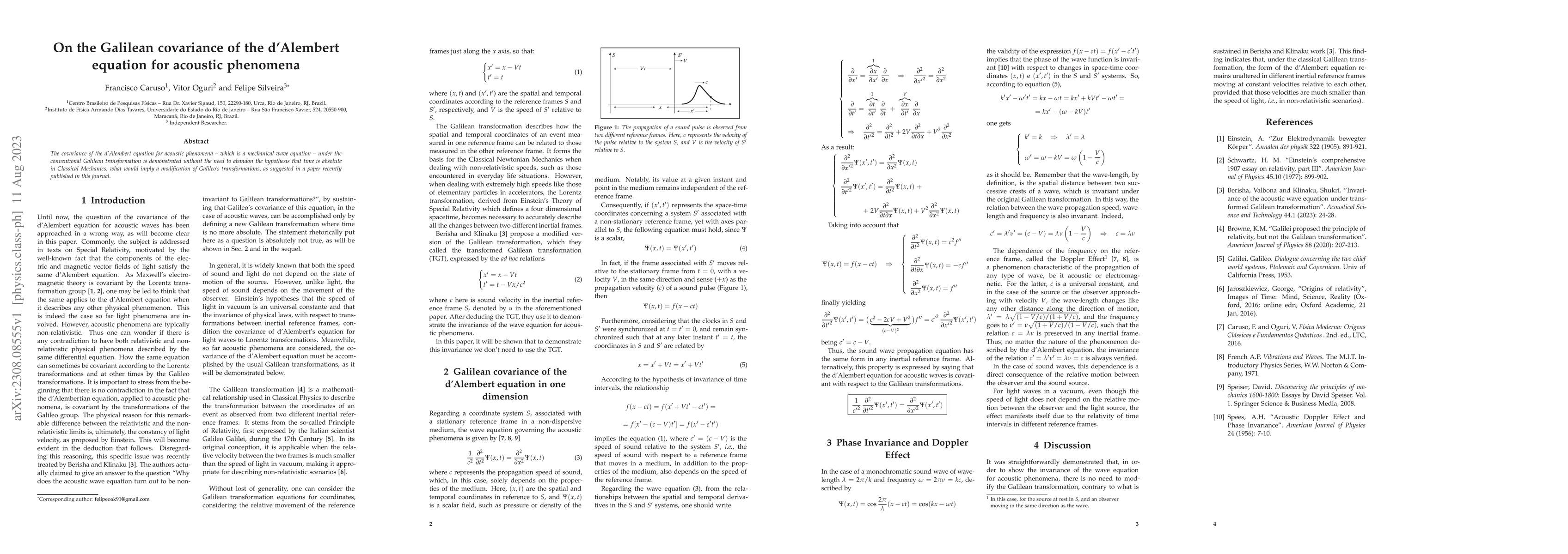 Thumbnail for On the Galilean covariance of the d'Alembert equation for acoustic
  phenomena
