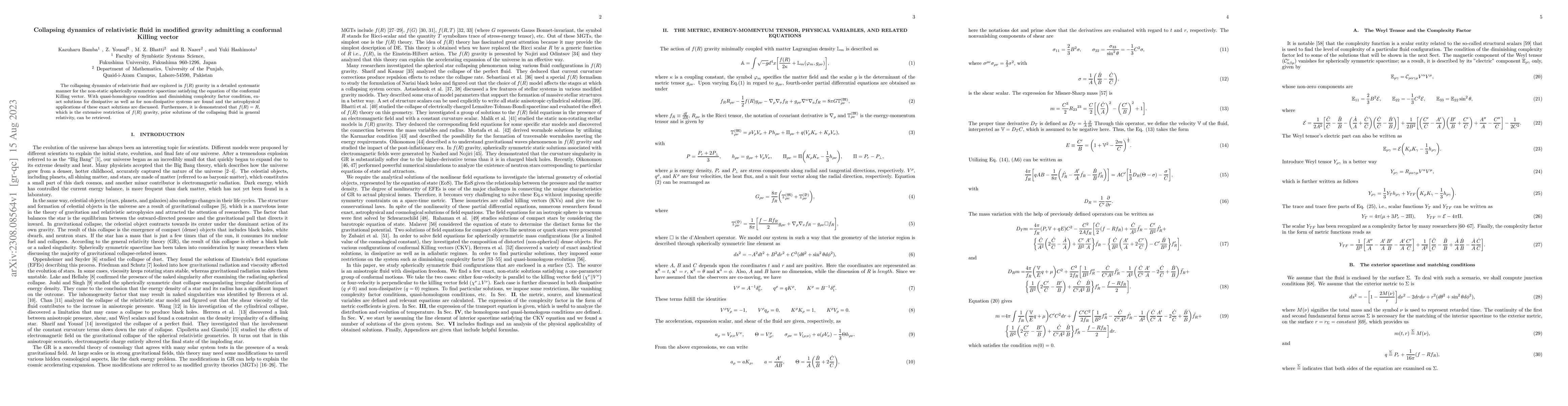 Thumbnail for Collapsing dynamics of relativistic fluid in modified gravity admitting
  a conformal Killing vector